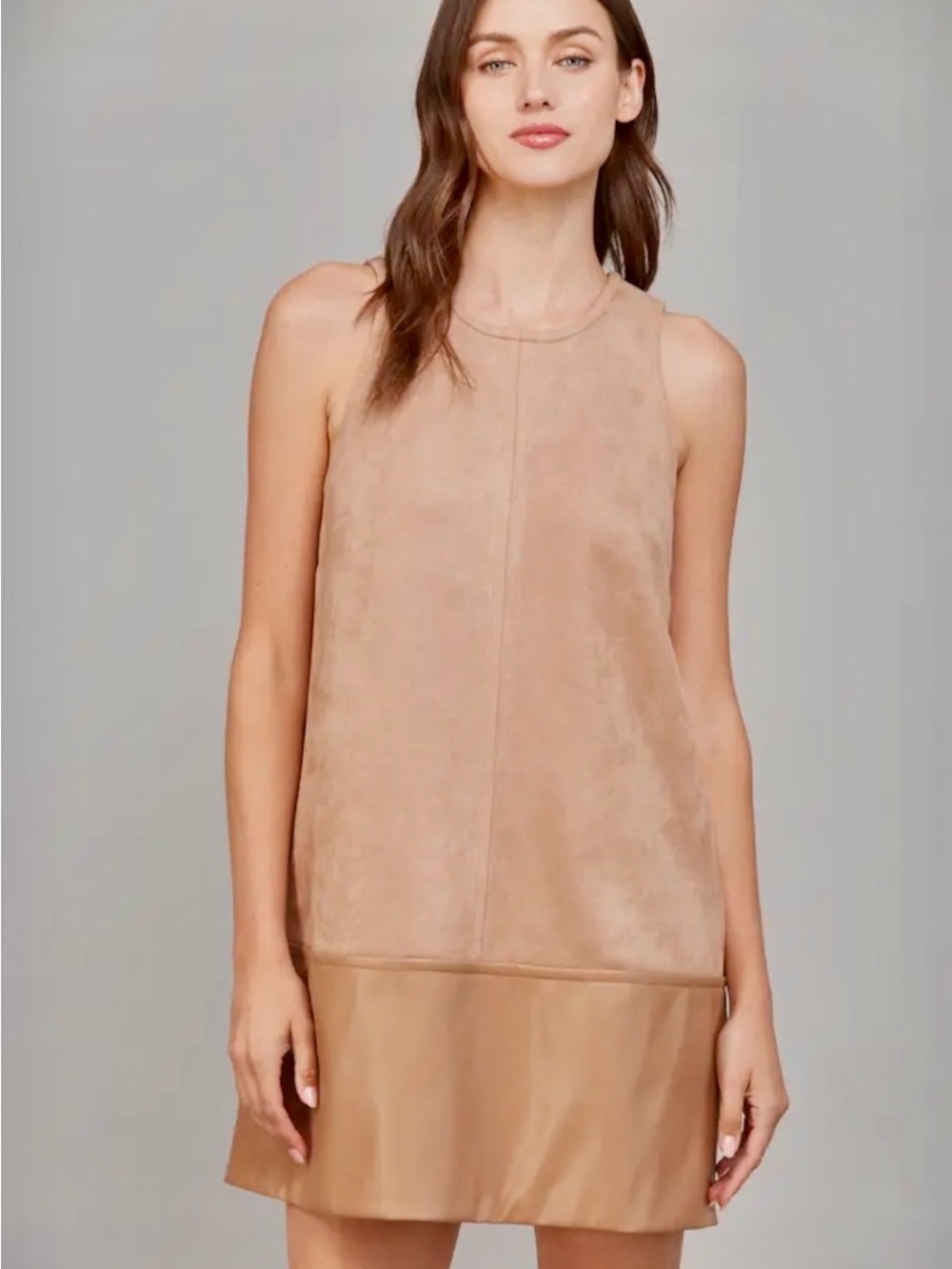 Sleeveless Faux-Suede Shift Dress in Camel